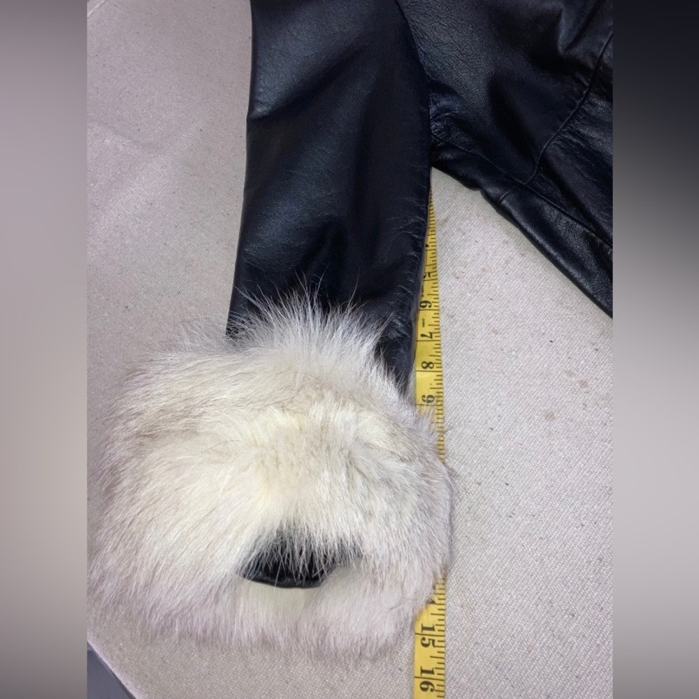 Vintage 60s Leather Penny Lane Fox Fur Collar Front Cuffs Trim Swing Coat Jacket - Picture 14 of 16